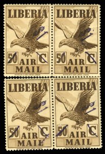 Liberia #C50 Cat$140+ (as singles), 1944 $1 on 50c, block of four, never hing...