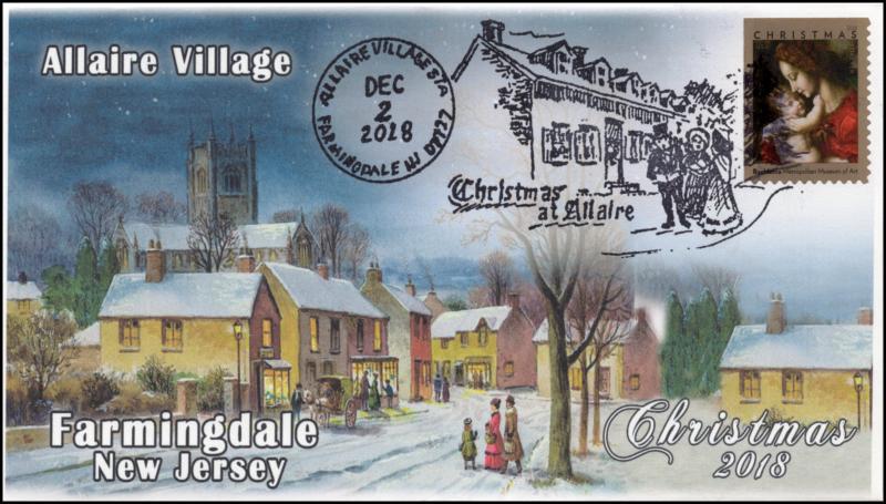 18-331, 2018, Christmas, Pictorial Postmark, Event Cover, Allaire Village, Farmi