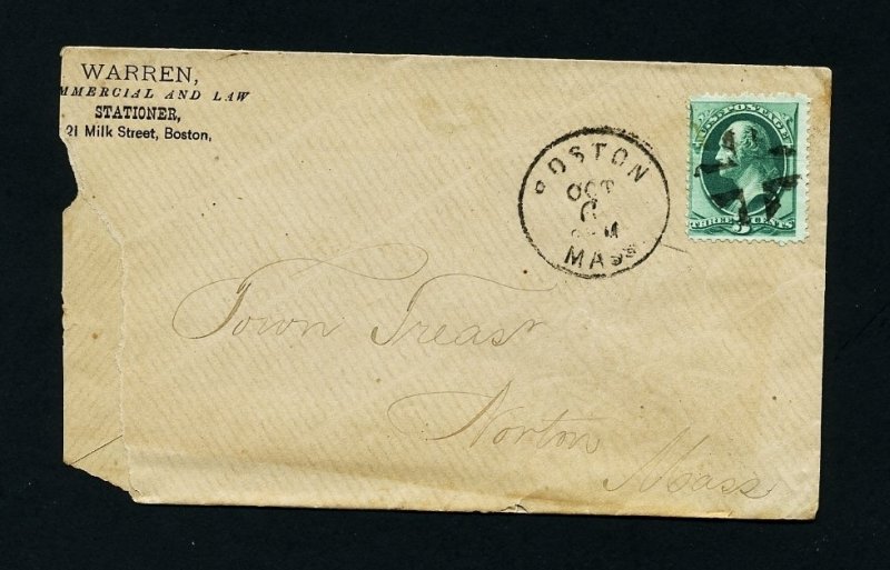 # 158 cover Warren Stationer, Boston, MA to Noron, MA - 10-6-1870s