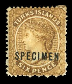 Turks Islands #46S (SG 59s) Cat£50, 1889 6p yellow brown, overprinted Specim...