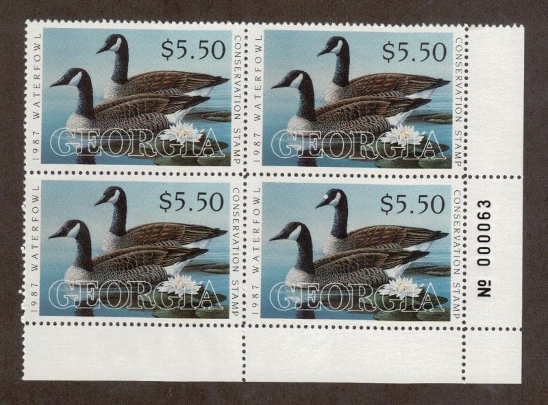 GA3 - Georgia  State Duck Stamp. MNH OG. Plate Numbered Block Of 4 .#02 GA3PB4BR