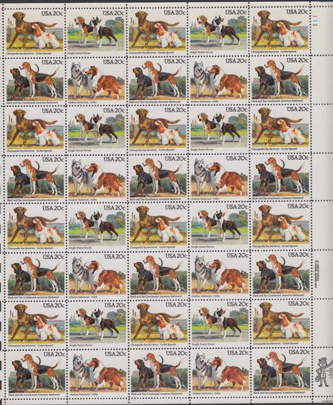 US #2098-2101  Dogs   Full sheet of 40  MNH