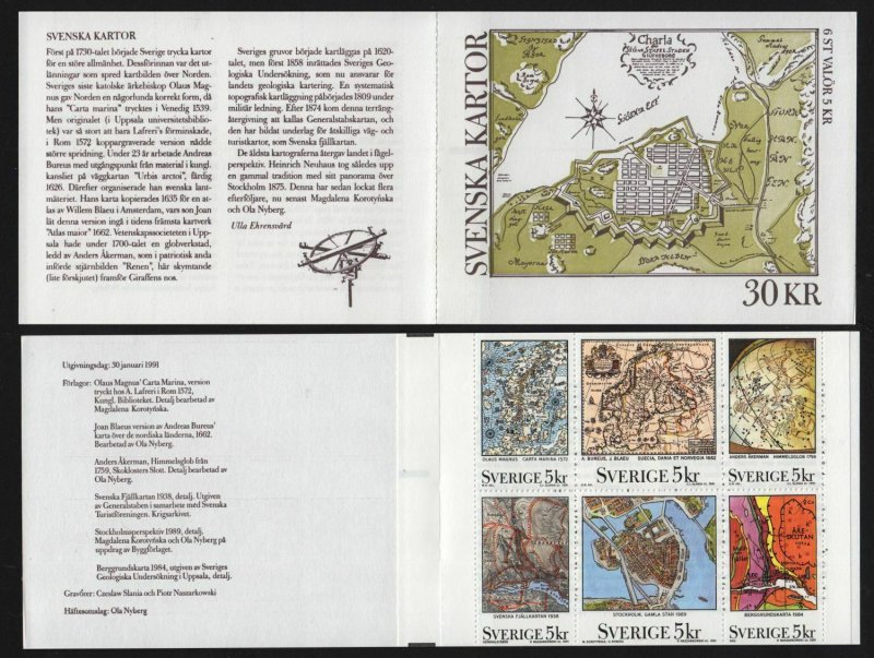 1991 SWEDEN Cartography Maps booklet of 6 MNH SG 1557-62 Mi 1655-60