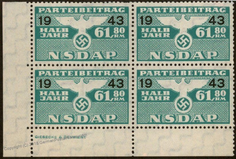 Germany NSDAP Party 1943 61.80RM Dues Revenue Imprint Block Stamp 96226