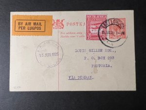 1925 South Africa Postcard First Flight Cover East Lonuga to Pretoria via Durban