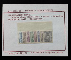 INDONESIA #424-431 MNH Original Approval Card 1956 ASIA WILDLIFE