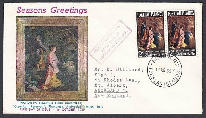 TOKELAU IS 1969 Christmas FDC ex Nukunono - First Outgoing mail handstamp...J546