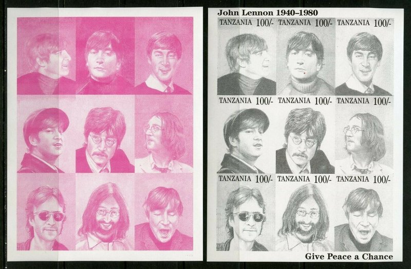 TANZANIA JOHN LENNON  PROGRESSIVE COLOR PROOF SET OF SHEETS MINT NH