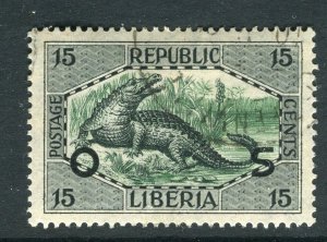 LIBERIA; 1920 early OFFICIAL Pictorial Optd. issue fine used 15c. value