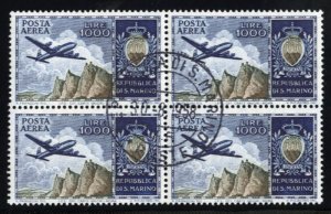 San Marino #C91 Cat$400+, 1954 1000L dark blue and brown, block of four, canc...