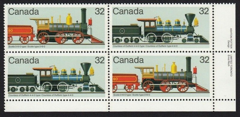 HISTORY of LOCOMOTIVES (1860-1905) = Canada 1984 #1037a LR Block of 4 MNH