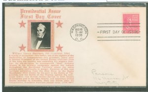 US 814 1938  9ct William Henry Harrison (part of the 1938 presidential series -prexy) on an addressed (pencil) first day cover w