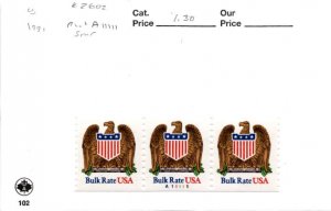 United States Postage Stamp, #2602 Strip Mint NH, 1991 Eagle (AB)