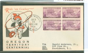 US 783 1936 3c Oregon Territory Centennial (block of four) on an addressed first day cover with a Linprint cachet and a Wallawal