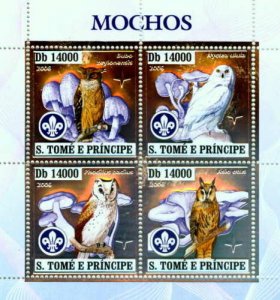 St Thomas- Owls & Mushrooms - Sheet of 4 - Silver Foil Stamps ST6407as