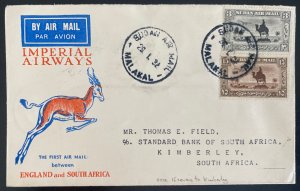 1932 Sudan First Flight Airmail Cover To Kimberly South Africa 15 Flown ! Imperi