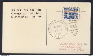 USA RAILWAY - 1965 SEP 17 BIRM. & MEMPHIS RPO RMS / CARMICHAEL, CALIF 95608