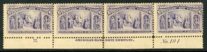 USA 1893 Columbian 6¢ Columbus Plate # Strip of 4 Scott # 235 Mint D80