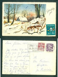 Denmark. 1953 Christmas Card Seal +  5+15 Ore. Kolding. Fox, House, Forest. 