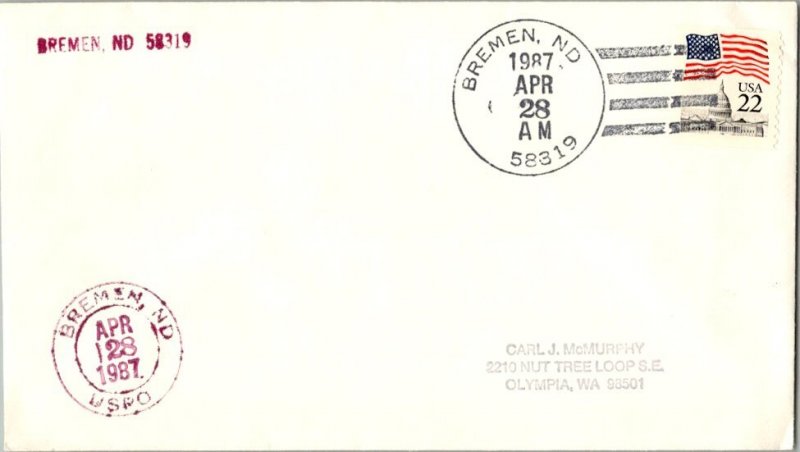 United States North Dakota Bremen 58319 1987 4-bar  DPO  Philatelic.