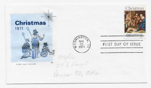 US 1444 8c Christmas Manger Scene single on FDC Fleetwood Cachet ECV $10.00