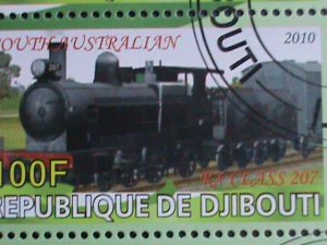 DJIBOUTI-2010 WORLD FAMOUS LOCO MOTIVE TRAINS CTO SHEET VF-WITH FANCY CANCEL