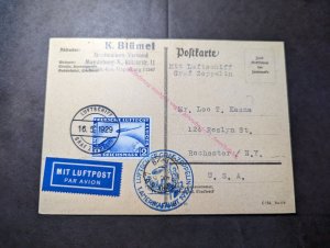 1929 Germany LZ 127 Graf Zeppelin Airmail Postcard Cover to Rochester NY USA