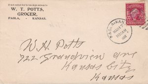U.S. W. T. POTTS, GROCER, Paola, Kansas 1906 Paola Cancel Stamp Cover Ref 47562