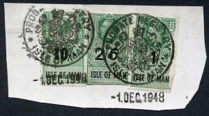 Isle of Man KGV 10/- and 2/6 and KGVI 1/- Key Plate Type Revenues CDS on Piece