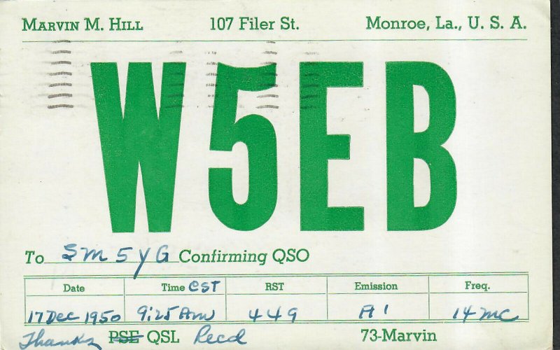 1951 Prexie Cover 3c Jefferson Monroe LA QSL W5EB Card