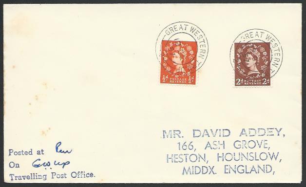 GB 1957 cover GREAT WESTERN TPO UP railway cancel..........................53357