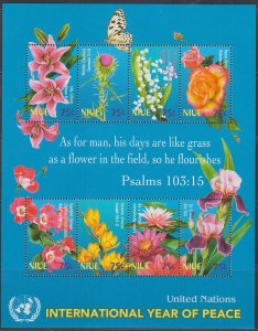 NIUE # 788a-h MNH SHEET of 8 FLOWERS for INT'L PEACE YEAR w/QUOTE from PSALMS