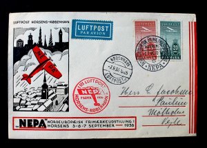 Denmark First Flight #C7,C8 Cover Horsens-Kobenhavn September 6 & 7, 1936