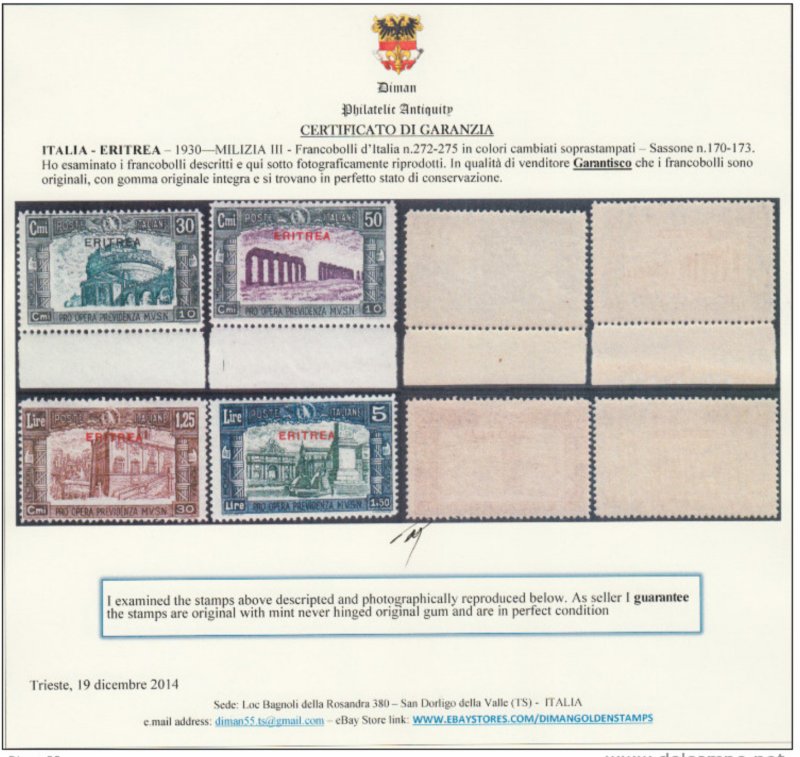 Italy Eritrea n.170-173  MNH** cat 1200$ with certificate  Milizia III