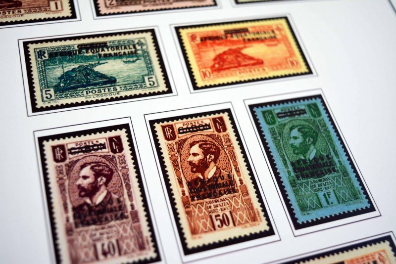 COLOR PRINTED FRENCH EQT. AFRICA 1936-1958 STAMP ALBUM PAGES (30 illustr. pages)