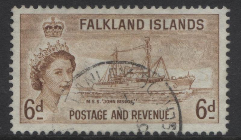 Falkland Is.- Scott 125- Ship John Biscoe - 1955- VFU - Lt Brown - 6d Stamp1