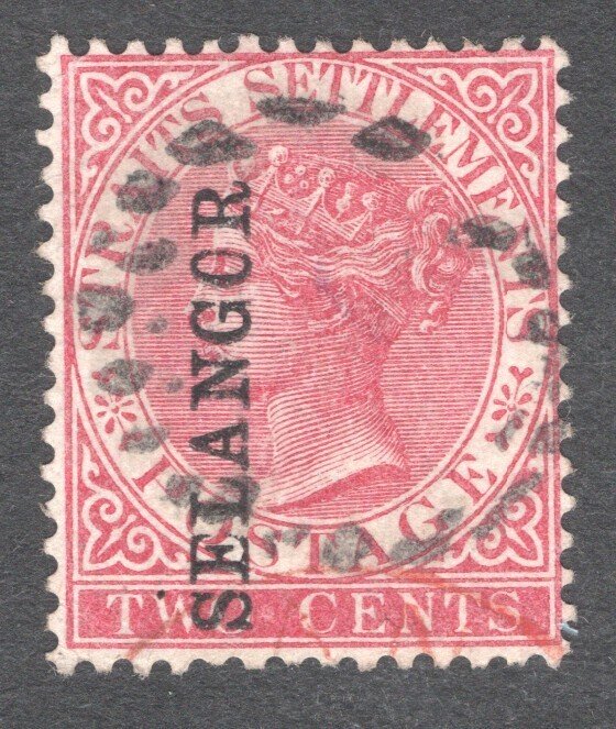 Malaya - Selangor, Scott #18   F, Used, 2 cent rose, CV $6.75  ..... 5600003