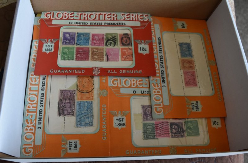 Boxed Lot of Remnant Album Pages, Stamps, Old Department Store Sets & More