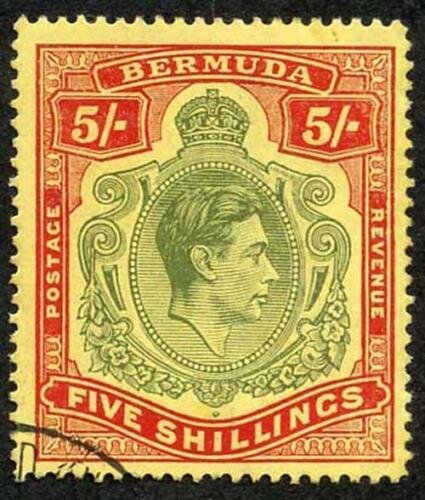 Bermuda SG118b KGVI 5/- Pale Green and Red/yellow Line Perf 14.25 (Ref 96) 