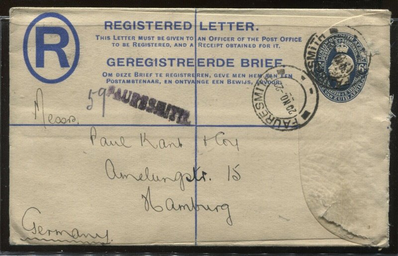 South Africa 1922 registered envelope to Hamburg Germany