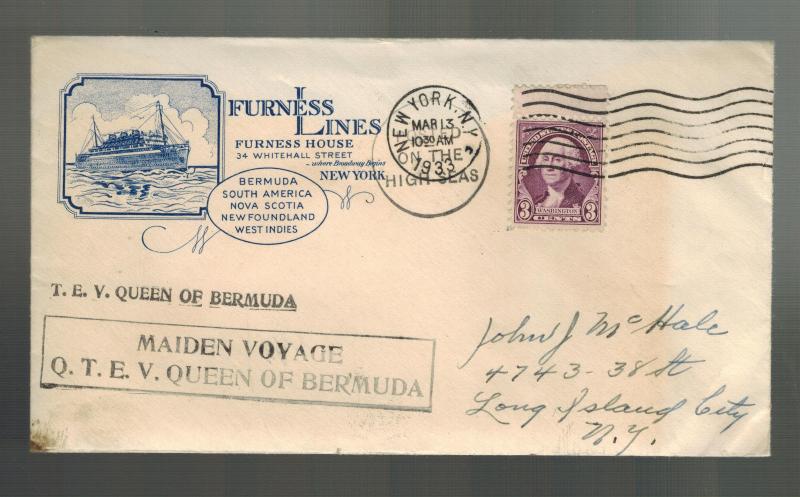 1933 USA Cover Maiden Voyage QTEV Queen Bermuda of  Ship to Canada w/clipping