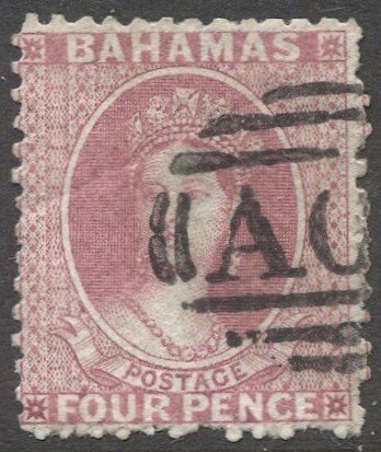 BAHAMAS 1863 Sc 13, used 4d QV, crease, Split Wmk, AO5 ? cancel, cv $75