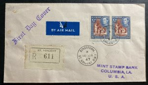 1947 Kingstown St Vincent First Day Airmail cover FDC To Columbia LA USA