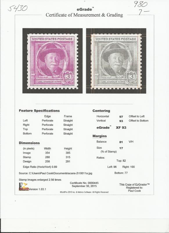 # 980 MINT NEVER HINGED JOEL CHANDLER HARRIS XF+