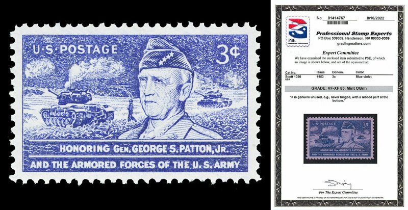 Scott 1026 1953 3c George Patton Mint Graded VF-XF 85 NH with PSE CERTIFICATE! 