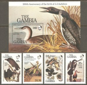 GAMBIA Sc# 551 - 555 MNH FVF Set-4+Souv Sht Audobon Birds