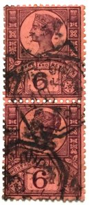 GB 1887-92 Jubilee Issue QV 6d Vertical pair Used SG#208 GB5290