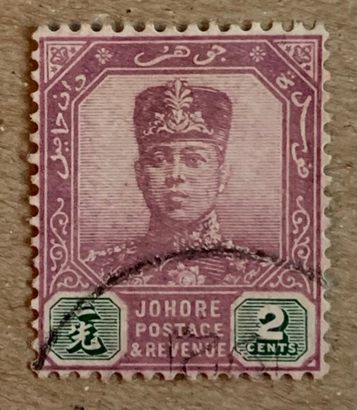 Malaya Johore 1919 2c violet & green Sultan, used. Scott 88, CV $5.50. SG 89