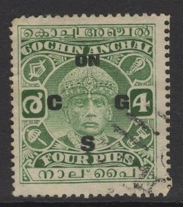 INDIA-COCHIN SGO54a 1942 4p GREEN p13x13½ USED