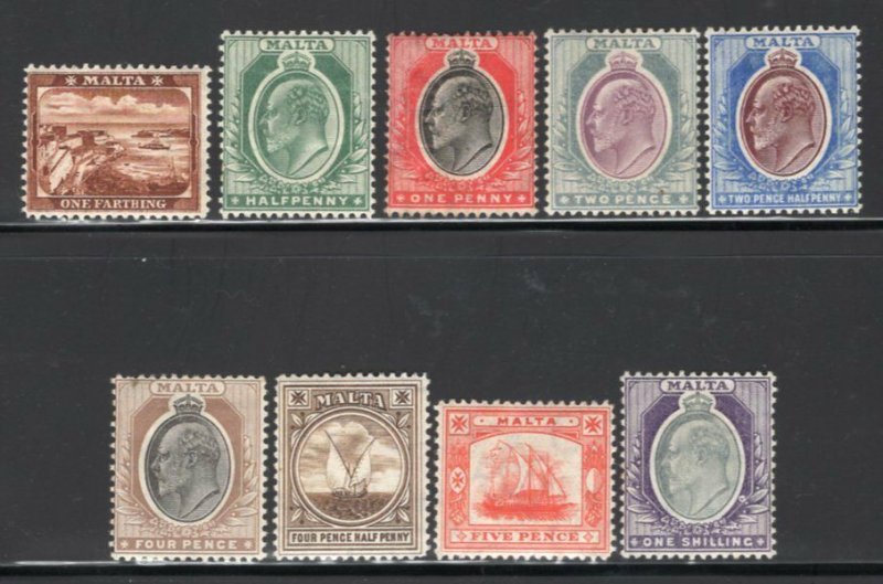 Malta 1904-05 E7 Wmk Crown CA Multiple Set of 9 Mint H CV$220